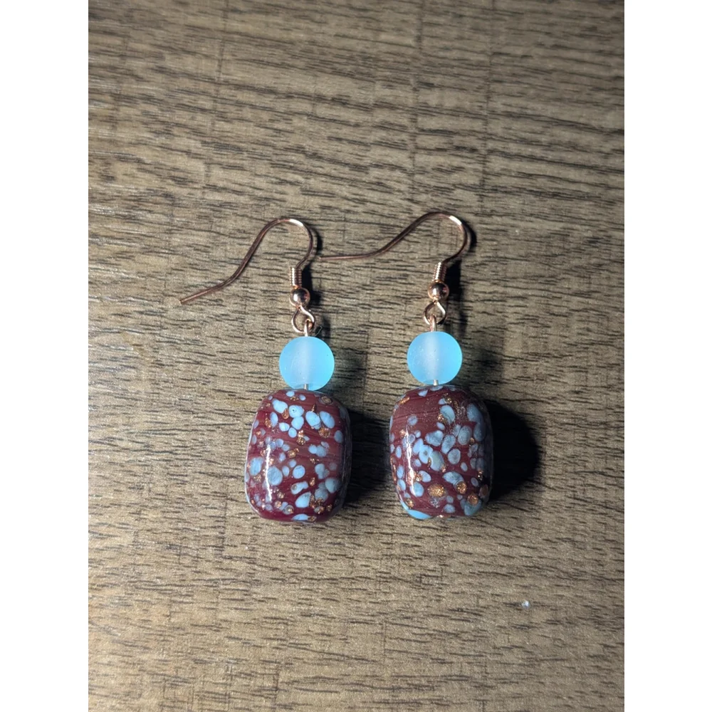Blue & Brown Glass Dangle Earrings with Rose Gold Hooks Handmade Speckled Bead - Picture 7 of 8